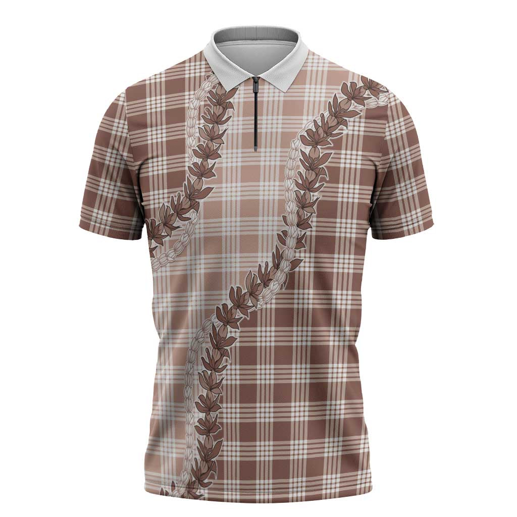 Beige Hawaii Palaka Zipper Polo Shirt Hawaiian Pikake Lei