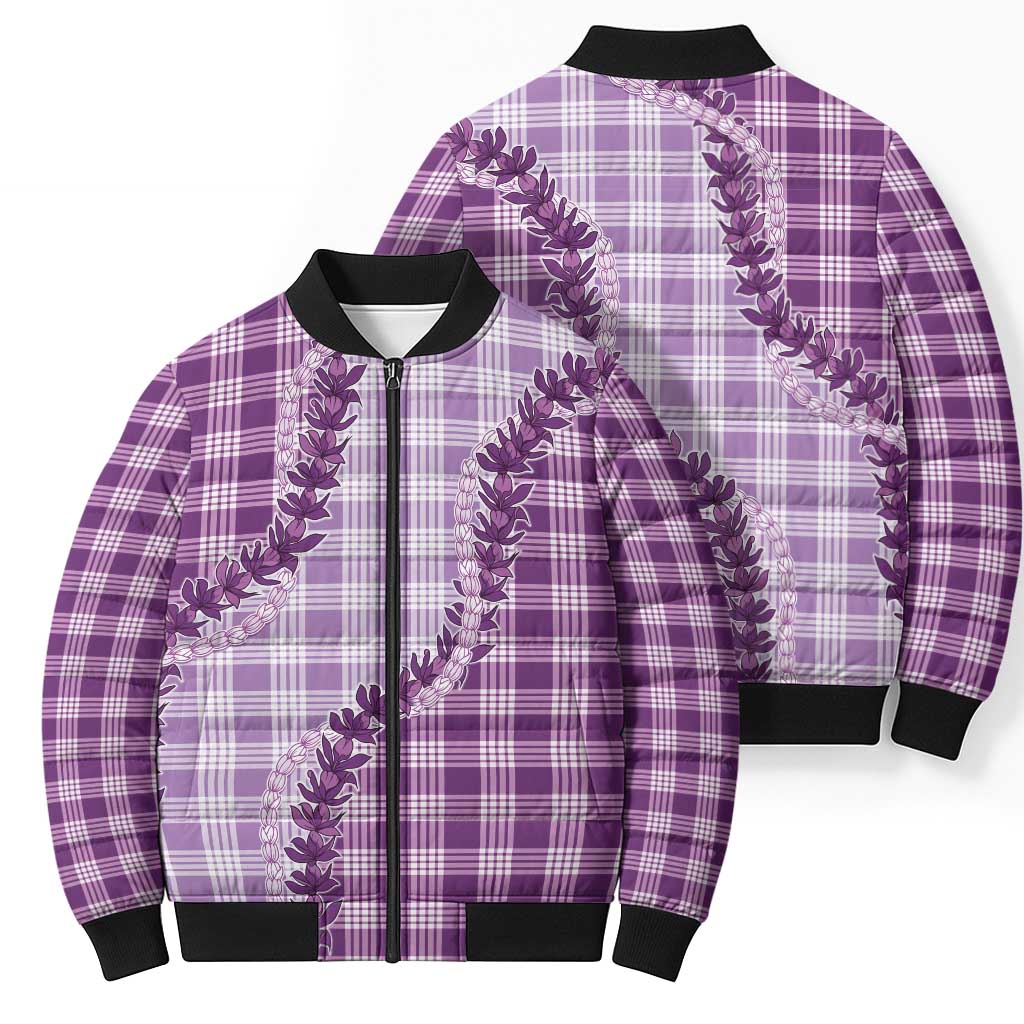 Violet Hawaii Palaka Bomber Puffer Jacket Hawaiian Pikake Lei