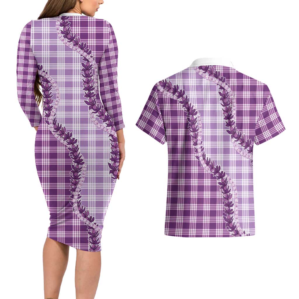 Violet Hawaii Palaka Couples Matching Long Sleeve Bodycon Dress and Hawaiian Shirt Hawaiian Pikake Lei