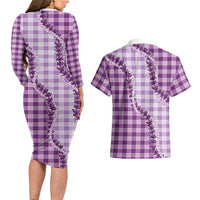 Violet Hawaii Palaka Couples Matching Long Sleeve Bodycon Dress and Hawaiian Shirt Hawaiian Pikake Lei