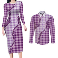 Violet Hawaii Palaka Couples Matching Long Sleeve Bodycon Dress and Long Sleeve Button Shirt Hawaiian Pikake Lei