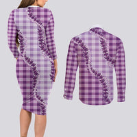 Violet Hawaii Palaka Couples Matching Long Sleeve Bodycon Dress and Long Sleeve Button Shirt Hawaiian Pikake Lei