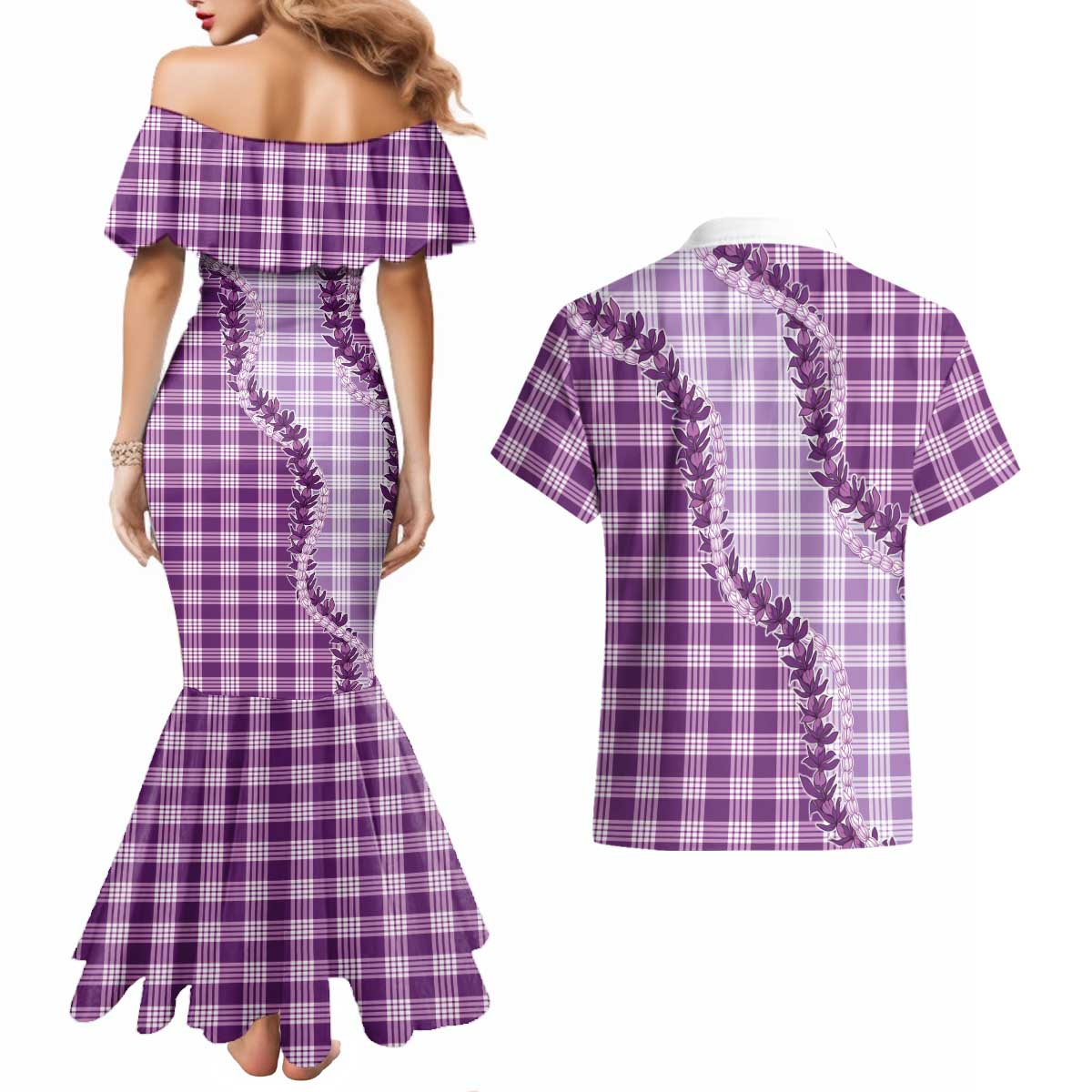 Violet Hawaii Palaka Couples Matching Mermaid Dress and Hawaiian Shirt Hawaiian Pikake Lei LT05 - Polynesian Pride