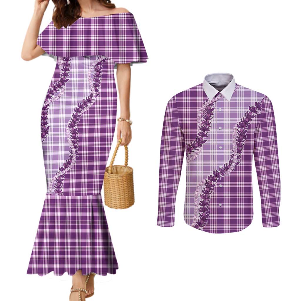 Violet Hawaii Palaka Couples Matching Mermaid Dress and Long Sleeve Button Shirt Hawaiian Pikake Lei LT05 Violet - Polynesian Pride
