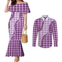 Violet Hawaii Palaka Couples Matching Mermaid Dress and Long Sleeve Button Shirt Hawaiian Pikake Lei LT05 Violet - Polynesian Pride