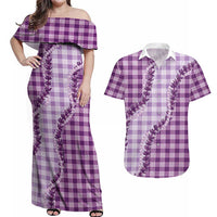 Violet Hawaii Palaka Couples Matching Off Shoulder Maxi Dress and Hawaiian Shirt Hawaiian Pikake Lei