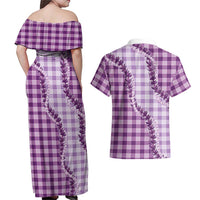 Violet Hawaii Palaka Couples Matching Off Shoulder Maxi Dress and Hawaiian Shirt Hawaiian Pikake Lei