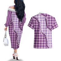 Violet Hawaii Palaka Couples Matching Off The Shoulder Long Sleeve Dress and Hawaiian Shirt Hawaiian Pikake Lei
