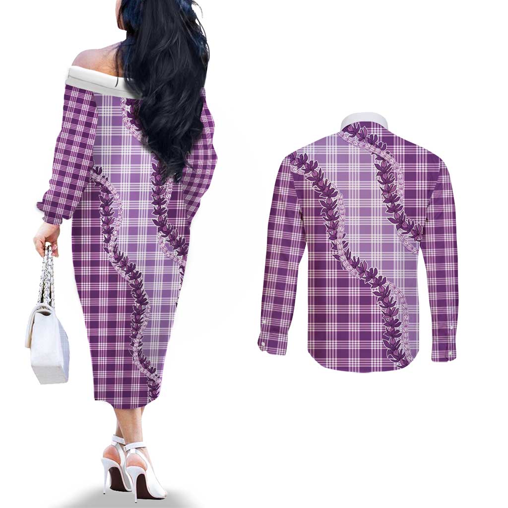 Violet Hawaii Palaka Couples Matching Off The Shoulder Long Sleeve Dress and Long Sleeve Button Shirt Hawaiian Pikake Lei
