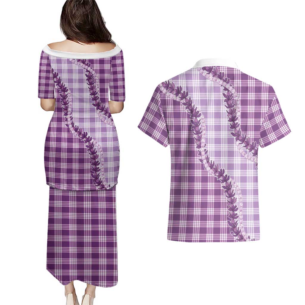 Violet Hawaii Palaka Couples Matching Puletasi and Hawaiian Shirt Hawaiian Pikake Lei