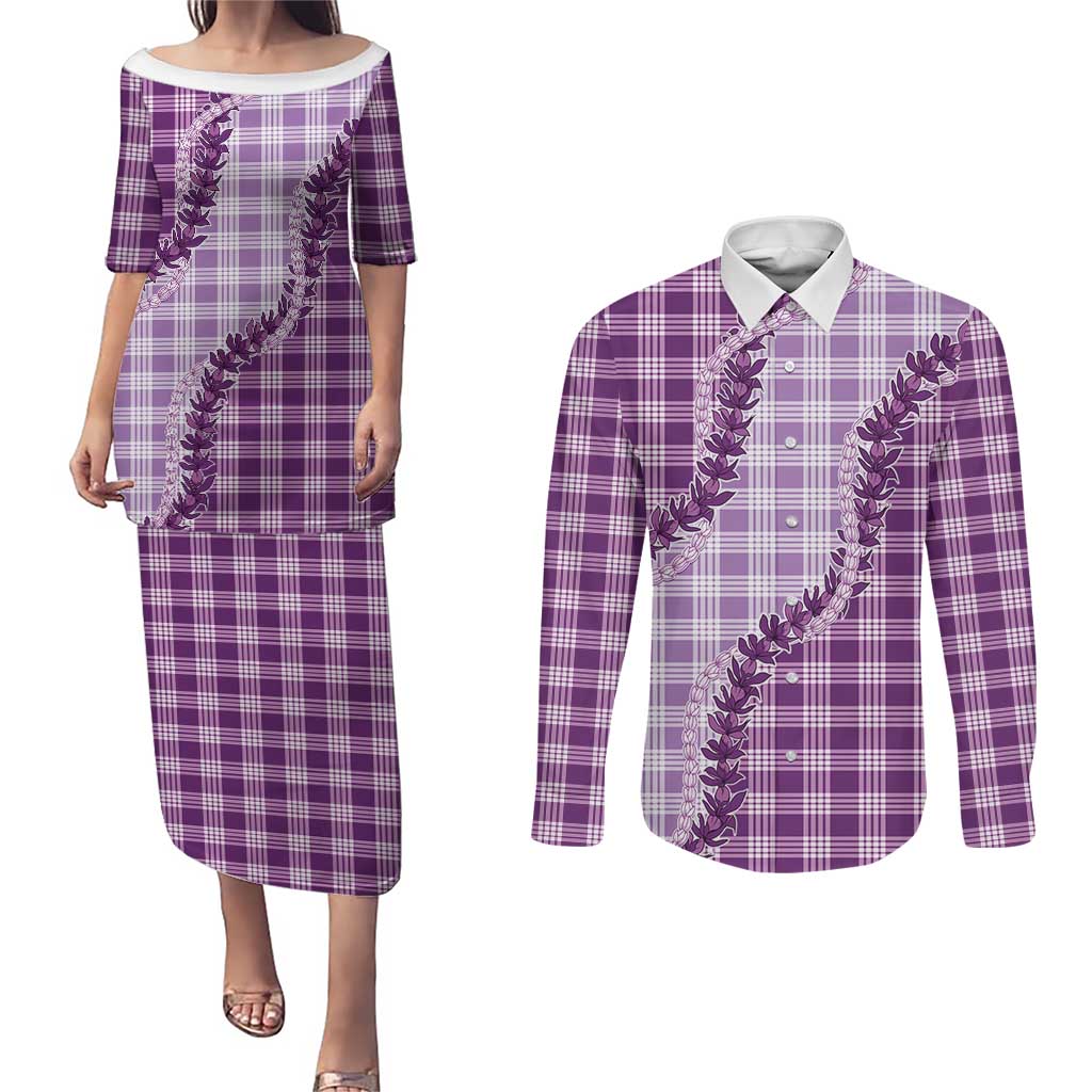 Violet Hawaii Palaka Couples Matching Puletasi and Long Sleeve Button Shirt Hawaiian Pikake Lei