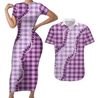 Violet Hawaii Palaka Couples Matching Short Sleeve Bodycon Dress and Hawaiian Shirt Hawaiian Pikake Lei