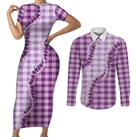 Violet Hawaii Palaka Couples Matching Short Sleeve Bodycon Dress and Long Sleeve Button Shirt Hawaiian Pikake Lei