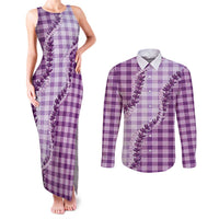 Violet Hawaii Palaka Couples Matching Tank Maxi Dress and Long Sleeve Button Shirt Hawaiian Pikake Lei