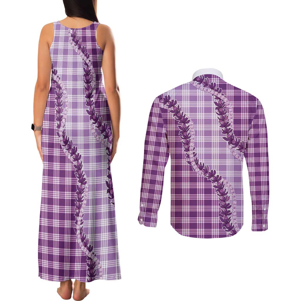 Violet Hawaii Palaka Couples Matching Tank Maxi Dress and Long Sleeve Button Shirt Hawaiian Pikake Lei