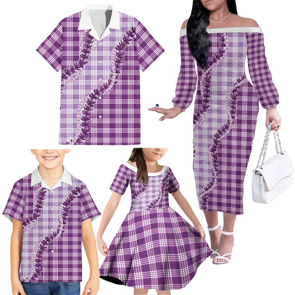 Violet Hawaii Palaka Family Matching Off The Shoulder Long Sleeve Dress and Hawaiian Shirt Hawaiian Pikake Lei