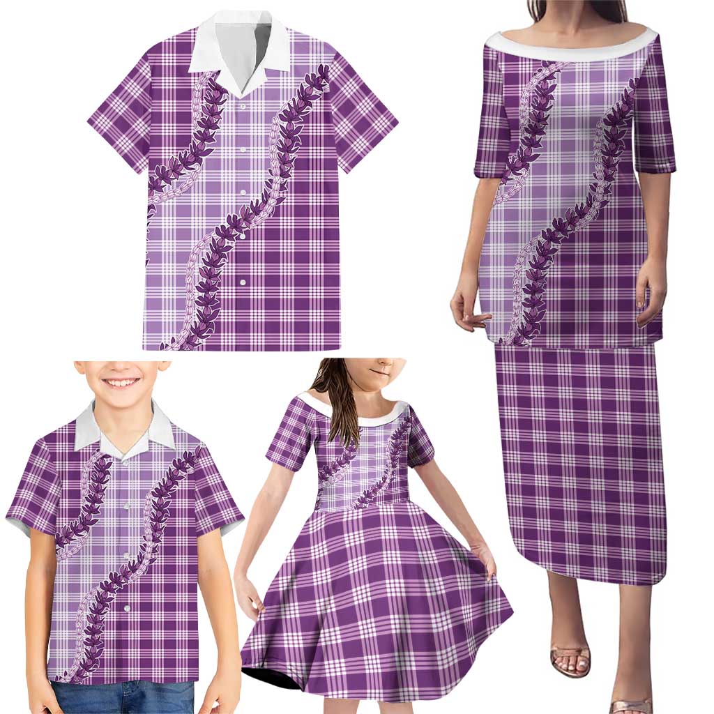 Violet Hawaii Palaka Family Matching Puletasi and Hawaiian Shirt Hawaiian Pikake Lei
