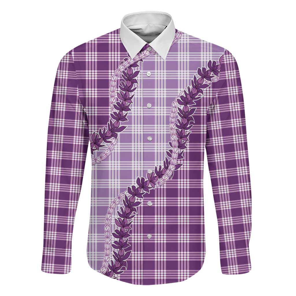 Violet Hawaii Palaka Family Matching Tank Maxi Dress and Hawaiian Shirt Hawaiian Pikake Lei LT05 Dad's Shirt - Long Sleeve Violet - Polynesian Pride