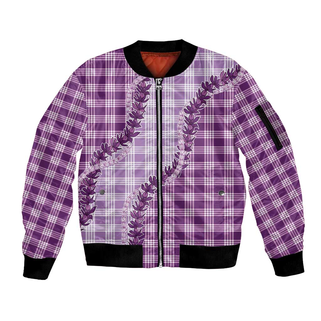 Violet Hawaii Palaka Sleeve Zip Bomber Jacket Hawaiian Pikake Lei