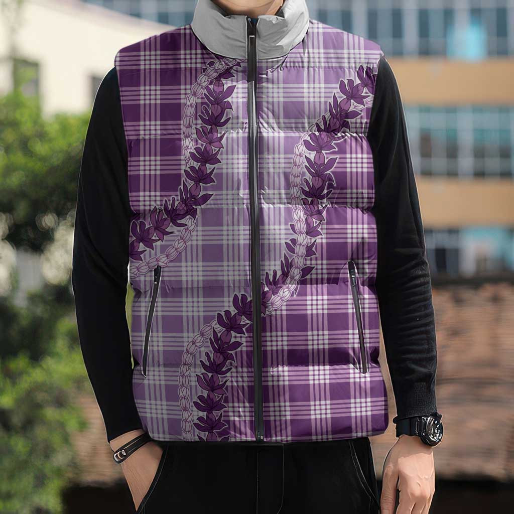 Violet Hawaii Palaka Sleeveless Puffer Jacket Hawaiian Pikake Lei