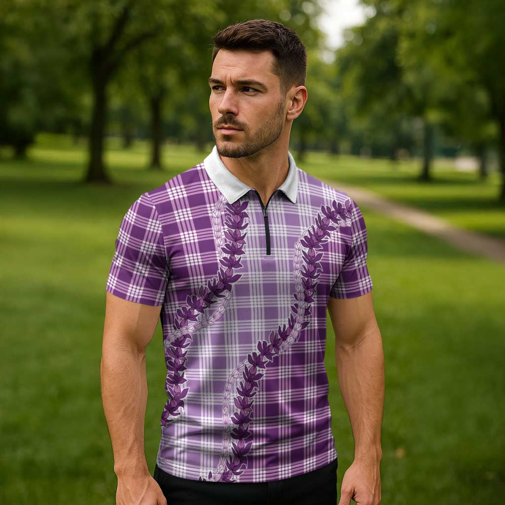 Violet Hawaii Palaka Zipper Polo Shirt Hawaiian Pikake Lei