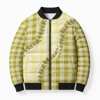 Yellow Hawaii Palaka Bomber Puffer Jacket Hawaiian Pikake Lei