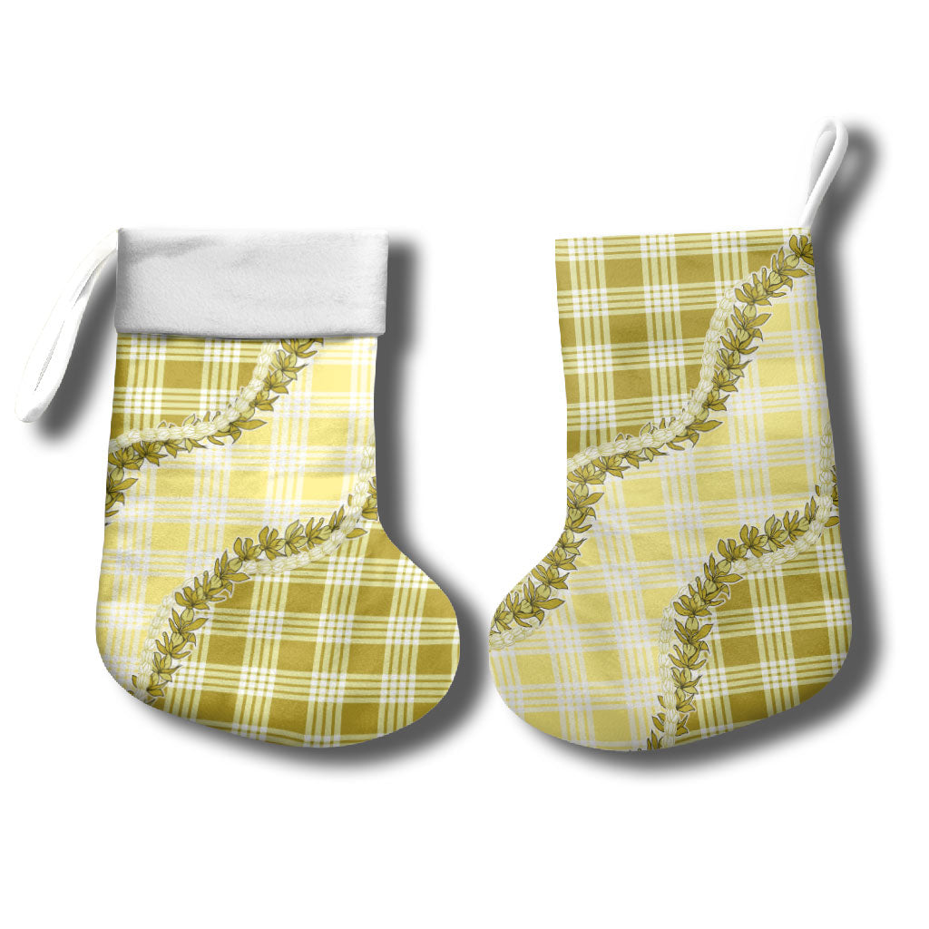 Yellow Hawaii Palaka Christmas Stocking Hawaiian Pikake Lei LT05 - Polynesian Pride