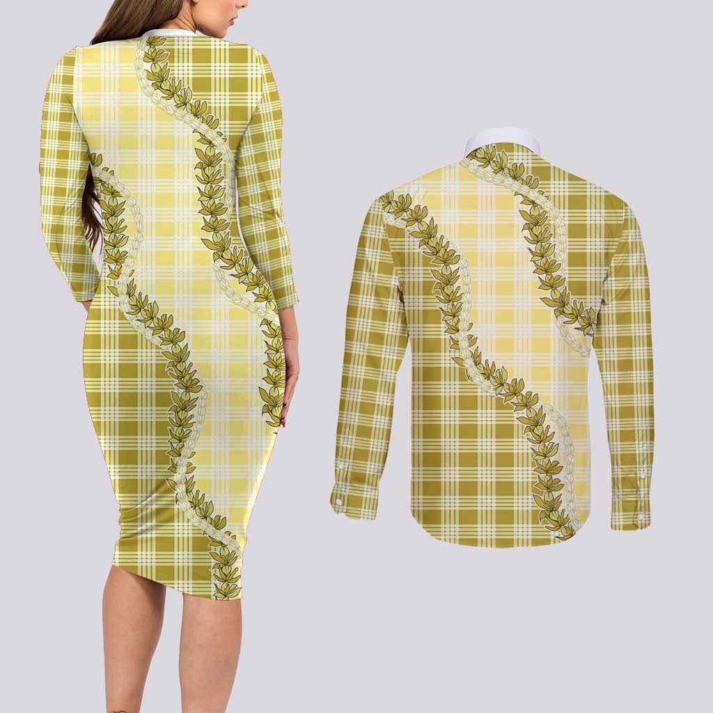 Yellow Hawaii Palaka Couples Matching Long Sleeve Bodycon Dress and Long Sleeve Button Shirt Hawaiian Pikake Lei