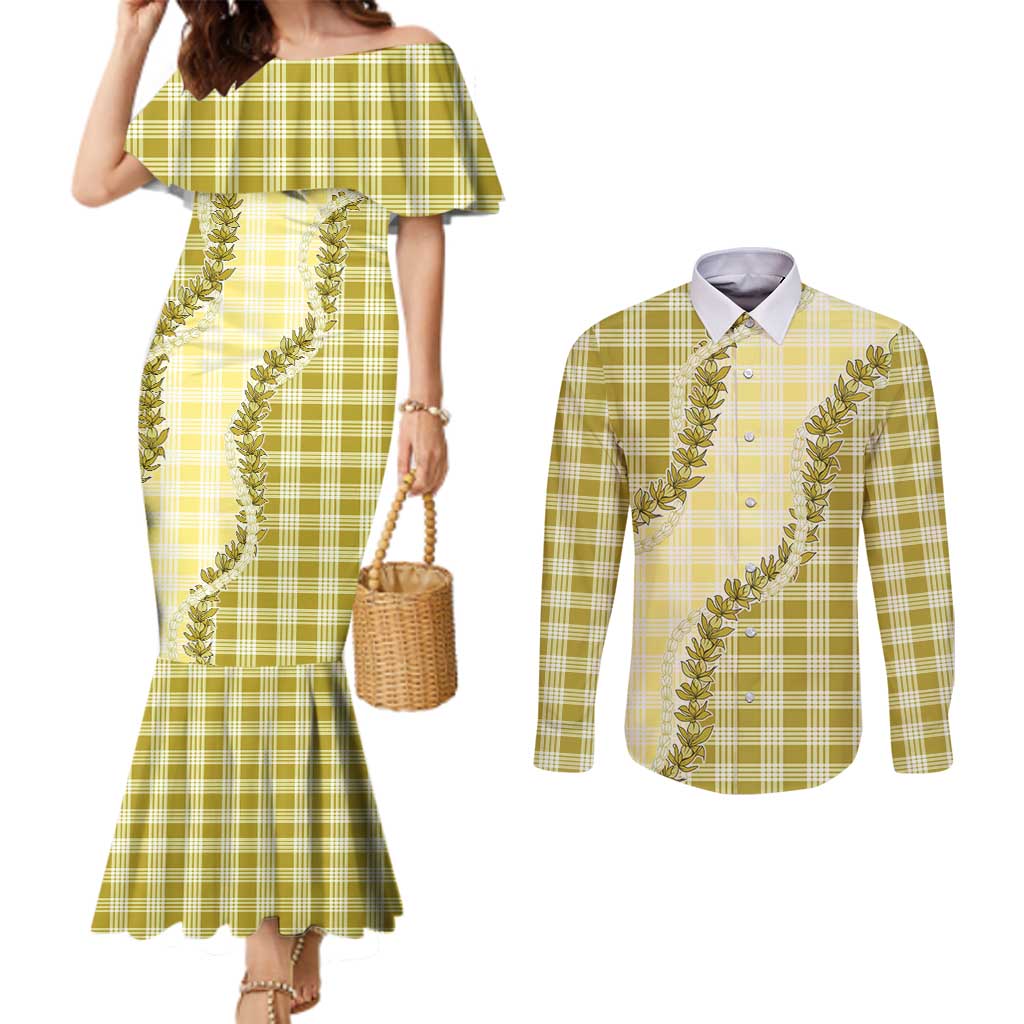 Yellow Hawaii Palaka Couples Matching Mermaid Dress and Long Sleeve Button Shirt Hawaiian Pikake Lei LT05 Yellow - Polynesian Pride