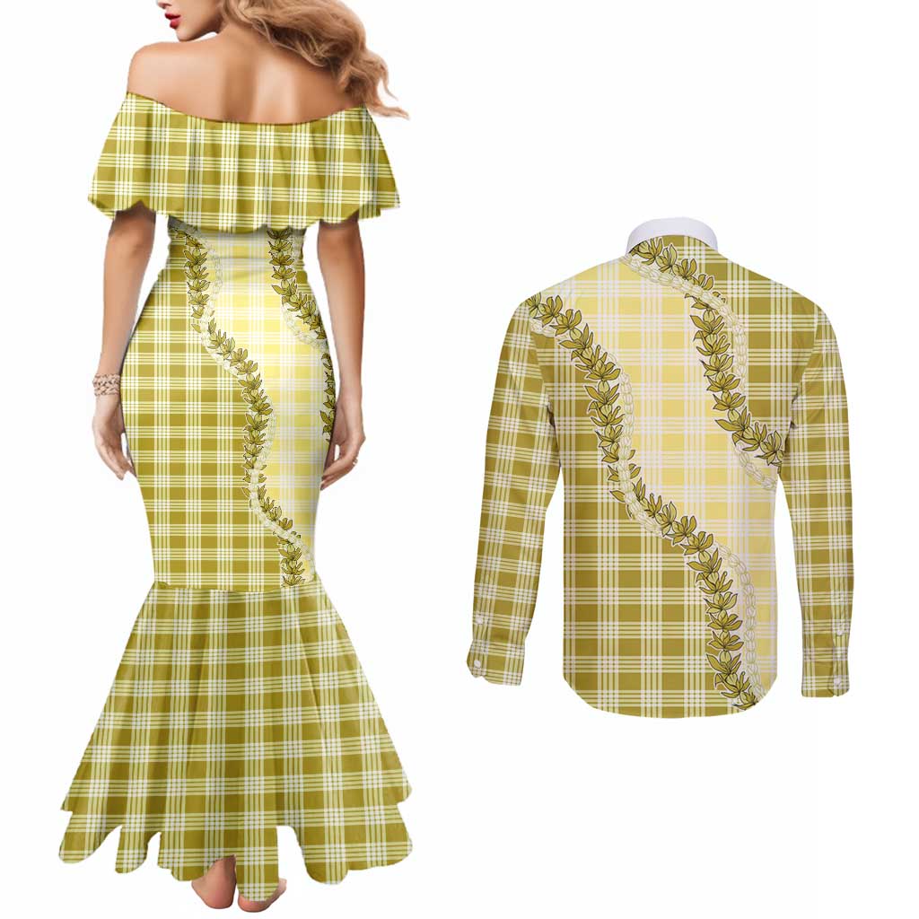Yellow Hawaii Palaka Couples Matching Mermaid Dress and Long Sleeve Button Shirt Hawaiian Pikake Lei LT05 - Polynesian Pride