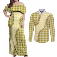 Yellow Hawaii Palaka Couples Matching Off Shoulder Maxi Dress and Long Sleeve Button Shirt Hawaiian Pikake Lei