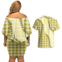 Yellow Hawaii Palaka Couples Matching Off Shoulder Short Dress and Hawaiian Shirt Hawaiian Pikake Lei