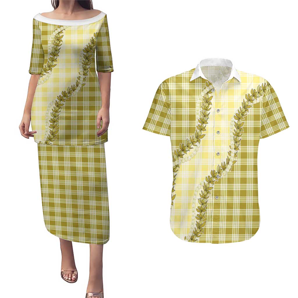 Yellow Hawaii Palaka Couples Matching Puletasi and Hawaiian Shirt Hawaiian Pikake Lei