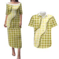 Yellow Hawaii Palaka Couples Matching Puletasi and Hawaiian Shirt Hawaiian Pikake Lei