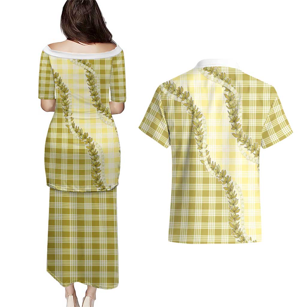 Yellow Hawaii Palaka Couples Matching Puletasi and Hawaiian Shirt Hawaiian Pikake Lei