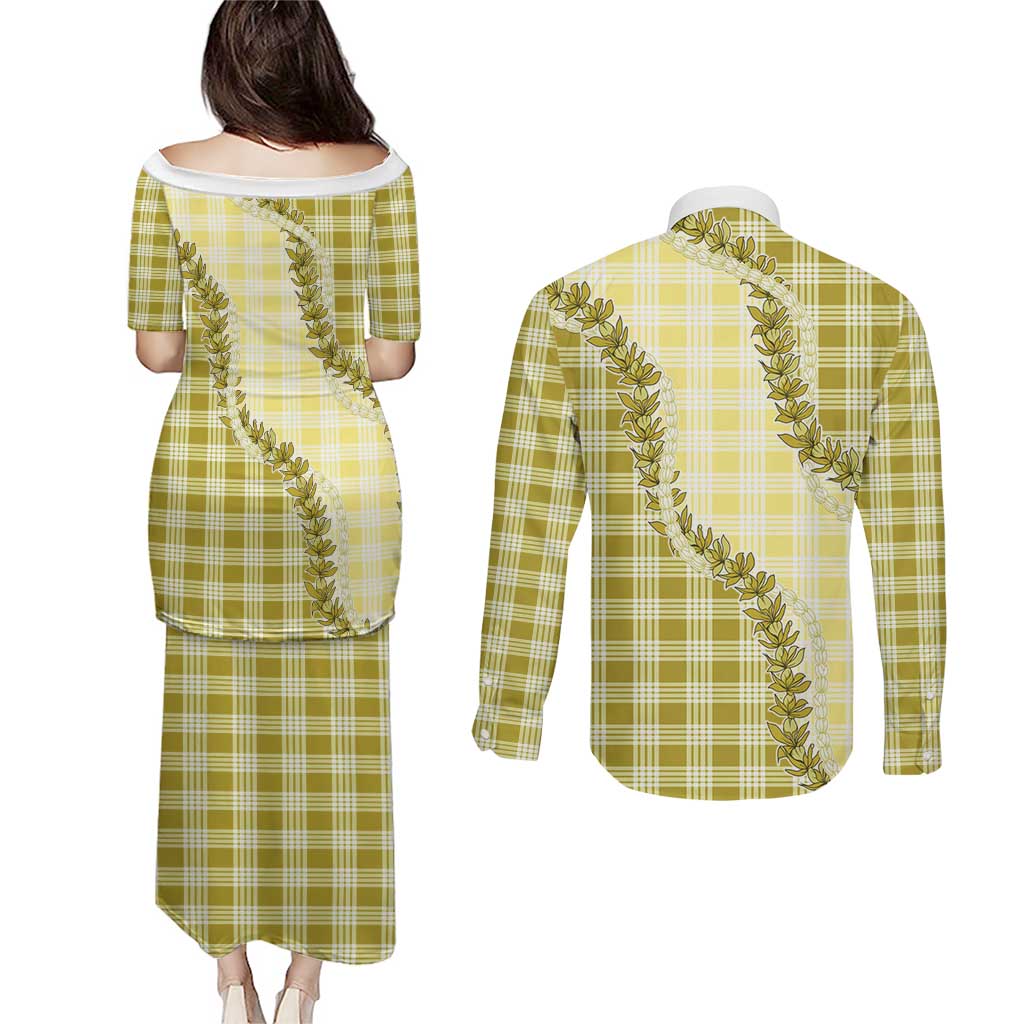 Yellow Hawaii Palaka Couples Matching Puletasi and Long Sleeve Button Shirt Hawaiian Pikake Lei