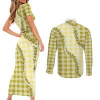 Yellow Hawaii Palaka Couples Matching Short Sleeve Bodycon Dress and Long Sleeve Button Shirt Hawaiian Pikake Lei