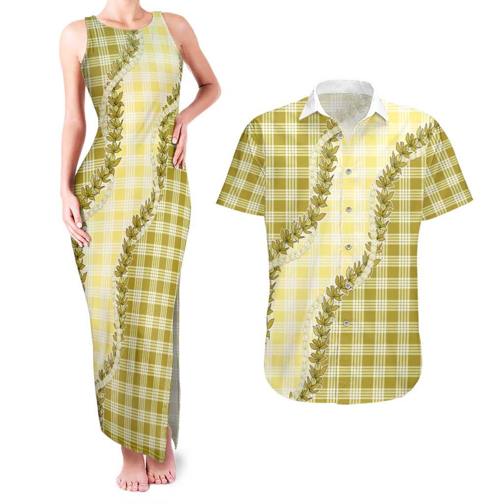 Yellow Hawaii Palaka Couples Matching Tank Maxi Dress and Hawaiian Shirt Hawaiian Pikake Lei