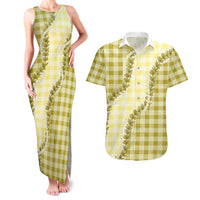 Yellow Hawaii Palaka Couples Matching Tank Maxi Dress and Hawaiian Shirt Hawaiian Pikake Lei
