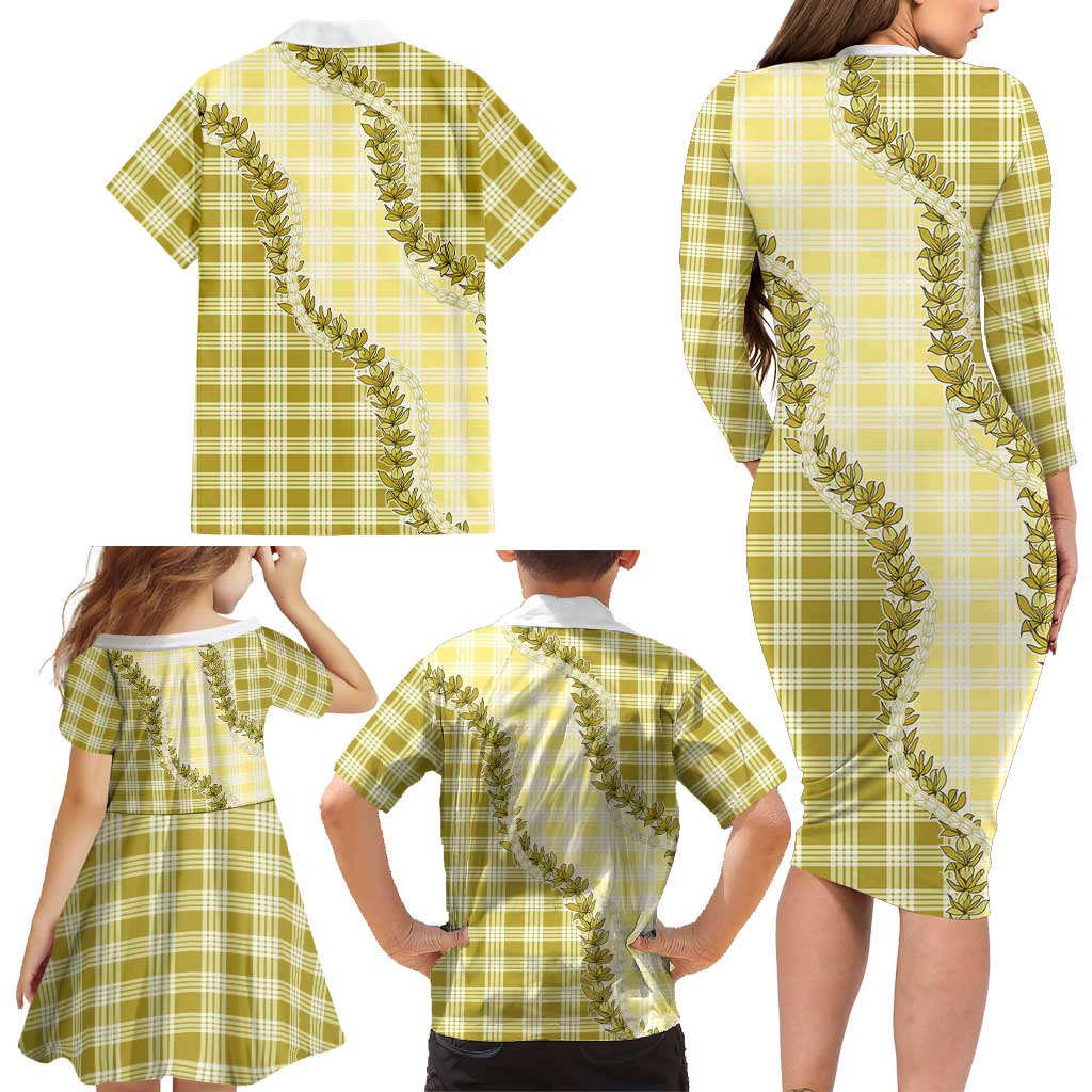 Yellow Hawaii Palaka Family Matching Long Sleeve Bodycon Dress and Hawaiian Shirt Hawaiian Pikake Lei LT05 - Polynesian Pride