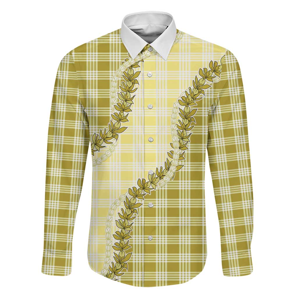 Yellow Hawaii Palaka Family Matching Long Sleeve Bodycon Dress and Hawaiian Shirt Hawaiian Pikake Lei LT05 Dad's Shirt - Long Sleeve Yellow - Polynesian Pride