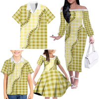 Yellow Hawaii Palaka Family Matching Off The Shoulder Long Sleeve Dress and Hawaiian Shirt Hawaiian Pikake Lei LT05 - Polynesian Pride