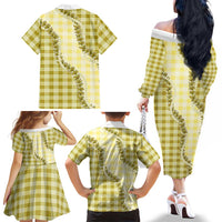 Yellow Hawaii Palaka Family Matching Off The Shoulder Long Sleeve Dress and Hawaiian Shirt Hawaiian Pikake Lei LT05 - Polynesian Pride