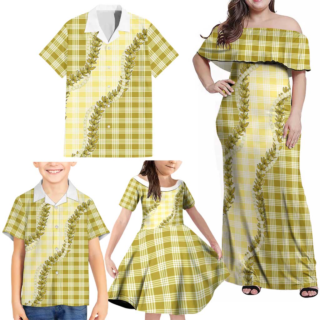 Yellow Hawaii Palaka Family Matching Off Shoulder Maxi Dress and Hawaiian Shirt Hawaiian Pikake Lei LT05 - Polynesian Pride