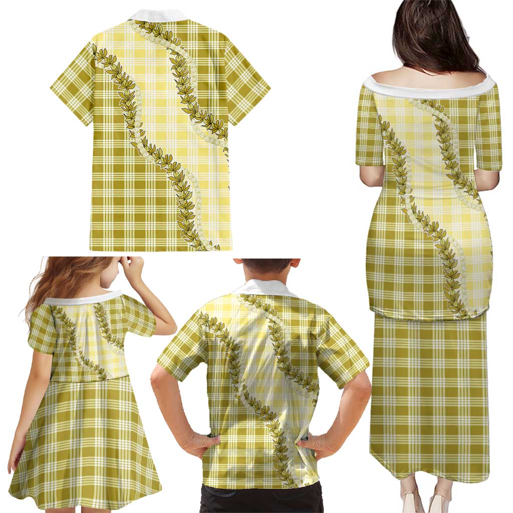 Yellow Hawaii Palaka Family Matching Puletasi and Hawaiian Shirt Hawaiian Pikake Lei