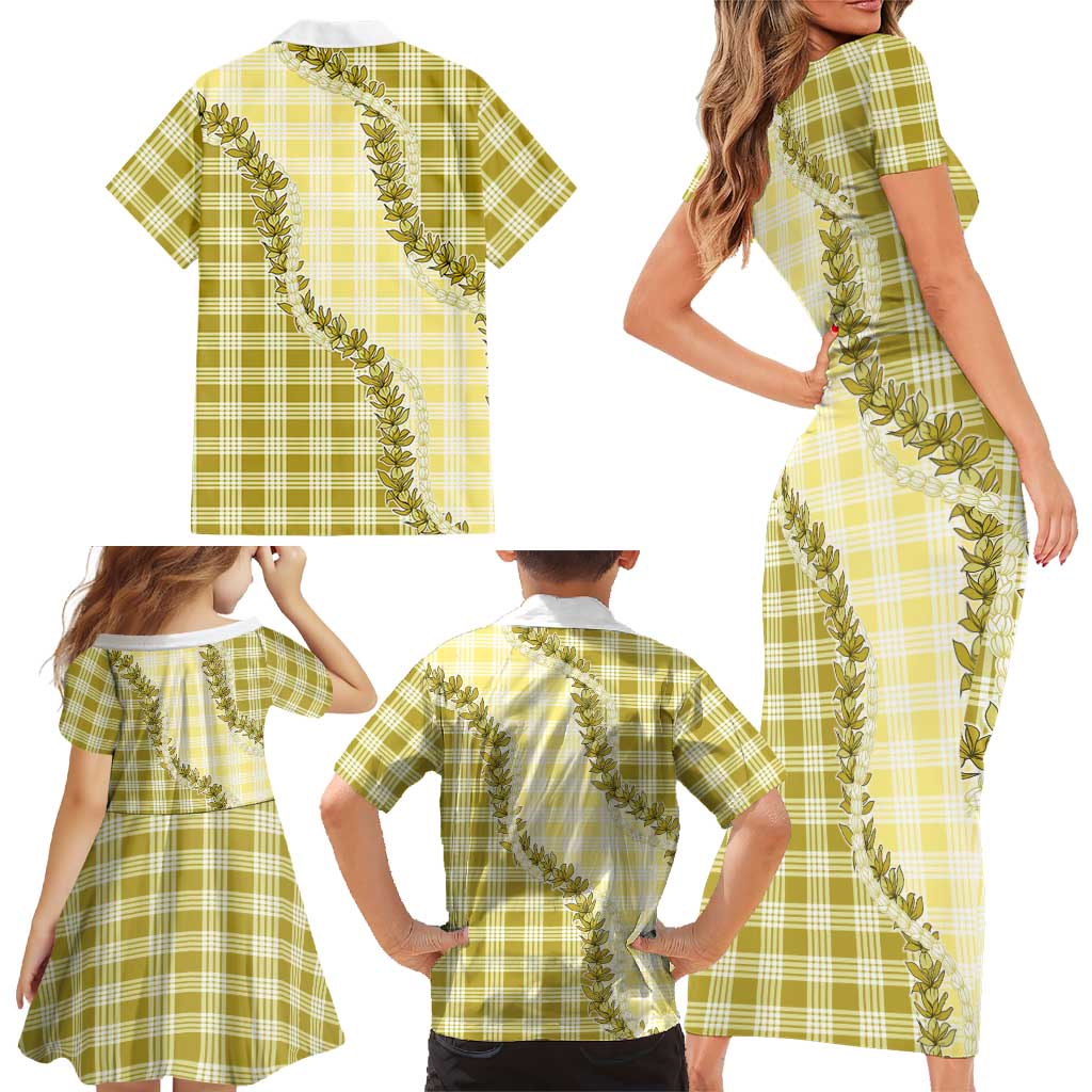 Yellow Hawaii Palaka Family Matching Short Sleeve Bodycon Dress and Hawaiian Shirt Hawaiian Pikake Lei LT05 - Polynesian Pride