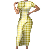 Yellow Hawaii Palaka Family Matching Short Sleeve Bodycon Dress and Hawaiian Shirt Hawaiian Pikake Lei LT05 Mom's Dress Yellow - Polynesian Pride
