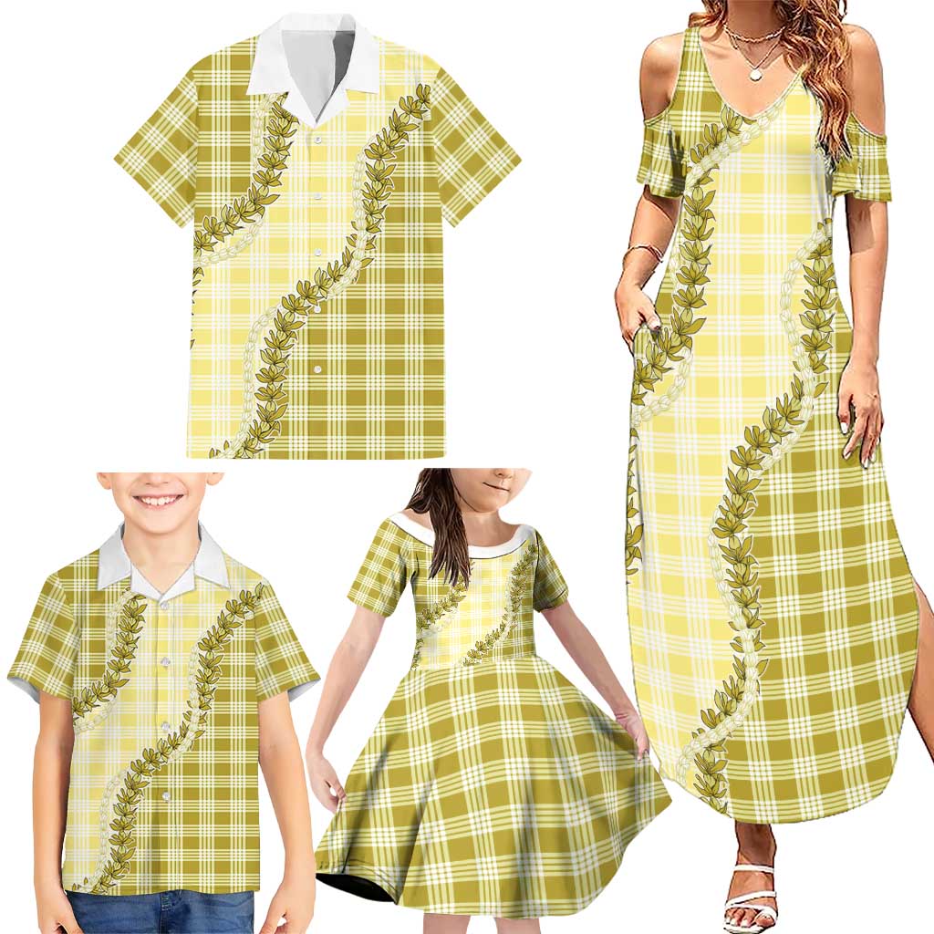 Yellow Hawaii Palaka Family Matching Summer Maxi Dress and Hawaiian Shirt Hawaiian Pikake Lei LT05 - Polynesian Pride