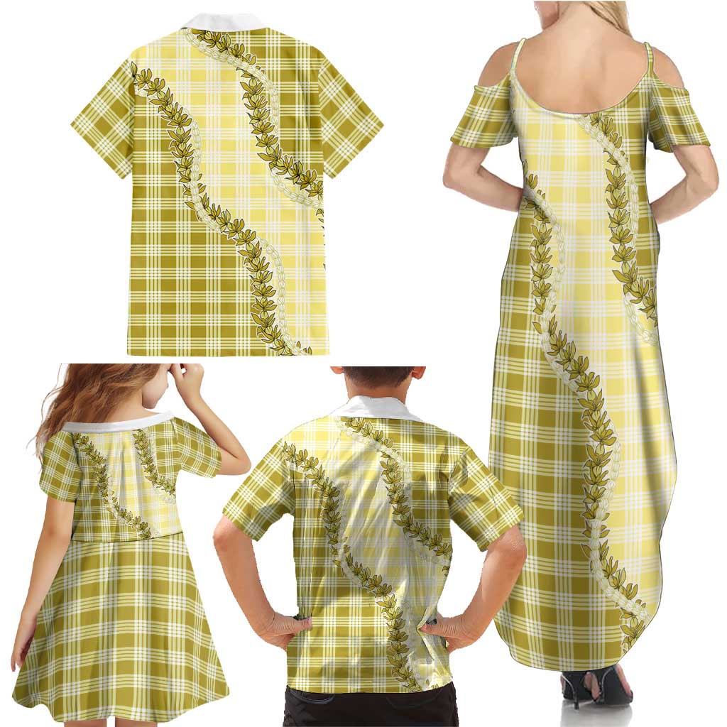 Yellow Hawaii Palaka Family Matching Summer Maxi Dress and Hawaiian Shirt Hawaiian Pikake Lei LT05 - Polynesian Pride