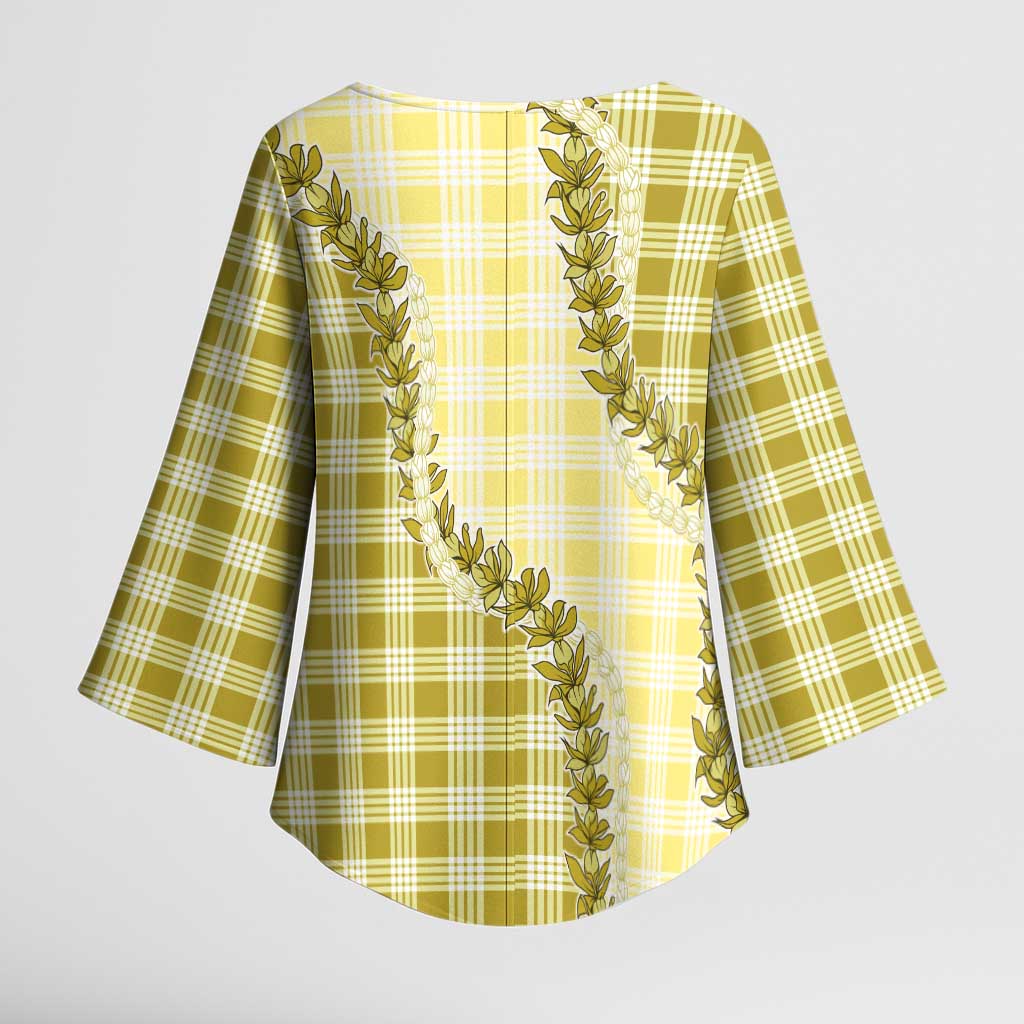 Yellow Hawaii Palaka Kimono Sleeve Blouse Hawaiian Pikake Lei